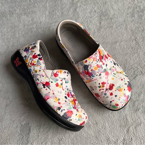 Alegria Shoes - Alegria Keli Pollack Slip-On Paint Splatter Leather Professional Clogs White 37